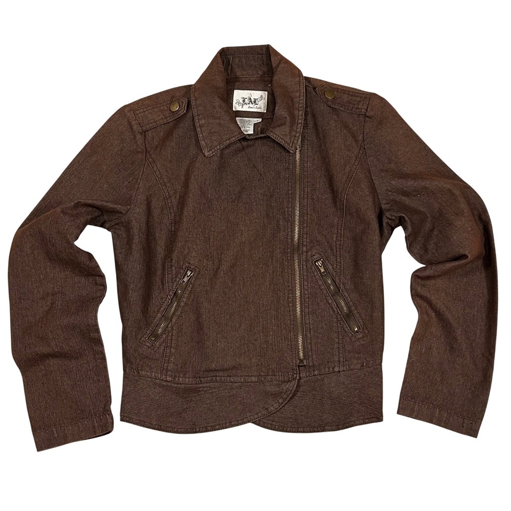 Brown Denim Moto Jacket Women's Size S Asymmetrical Zip L.A.T. Live‎ a Little